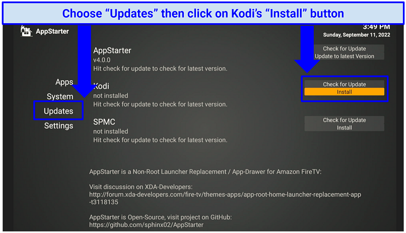 A screenshot showing AppStarter makes Kodi installation on Firestick a breeze
