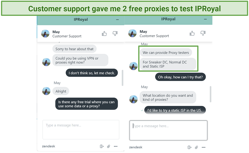 Screenshot of IPRoyal's 24/7 live chat where they gave me a free trial