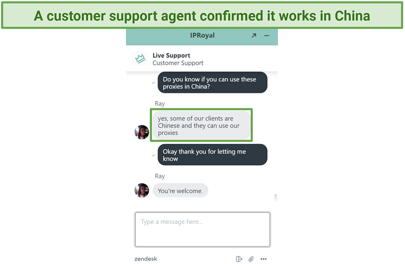 Screenshot of IPRoyal's live chat telling me it works in China