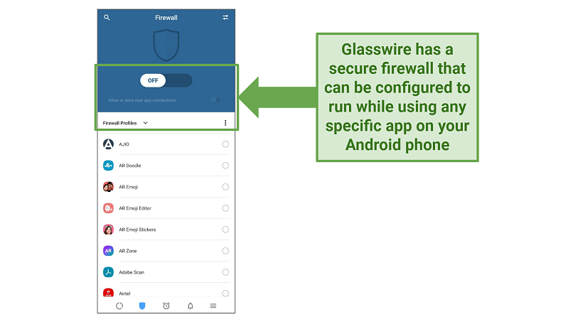 Screenshot of Glasswire's Android interface