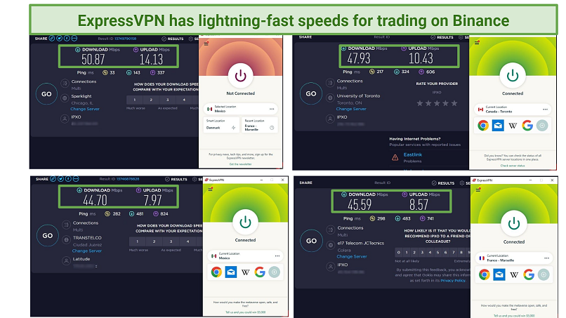 A screenshot of ExpressVPN's server speeds for accessing Binance