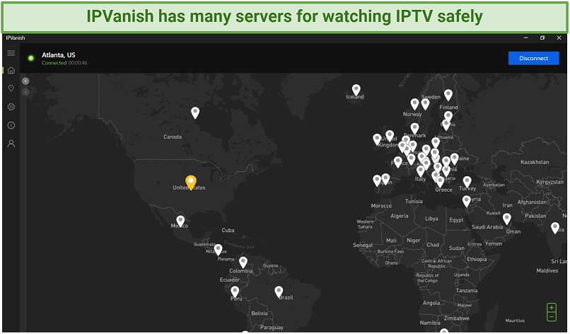 Screenshot of IPVanish's server locations on a map