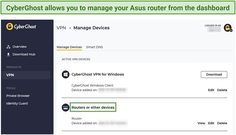 Screenshot of CyberGhost's Manage Devices dashboard