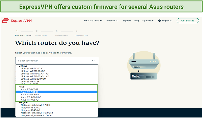 Screenshot of ExpressVPN's router selection page