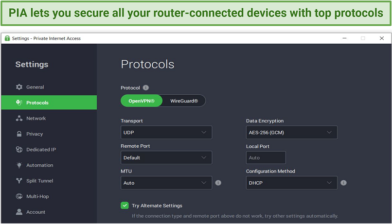 Screenshot of PIA's Protocol Settings