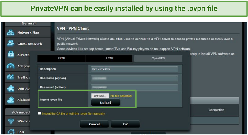 Screenshot of installing PrivateVPN on the Asus router