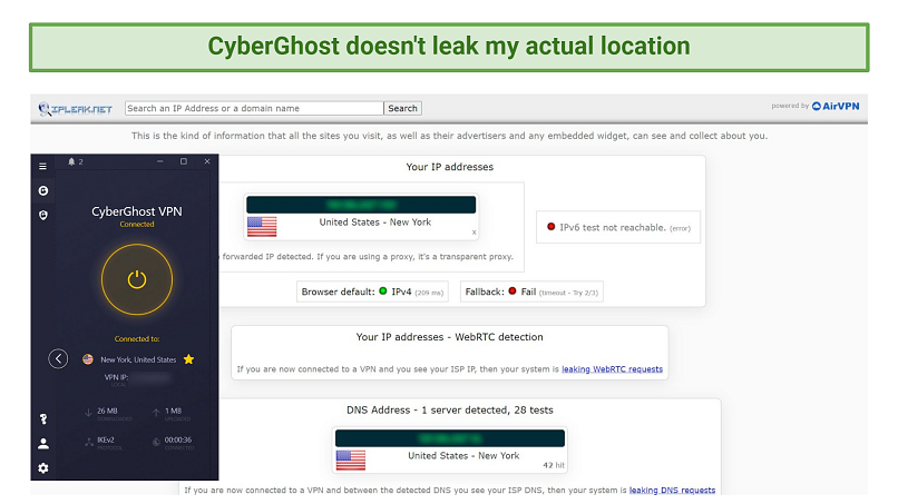 Screenshot of CyberGhost successfully passing an IP/DNS leak test.