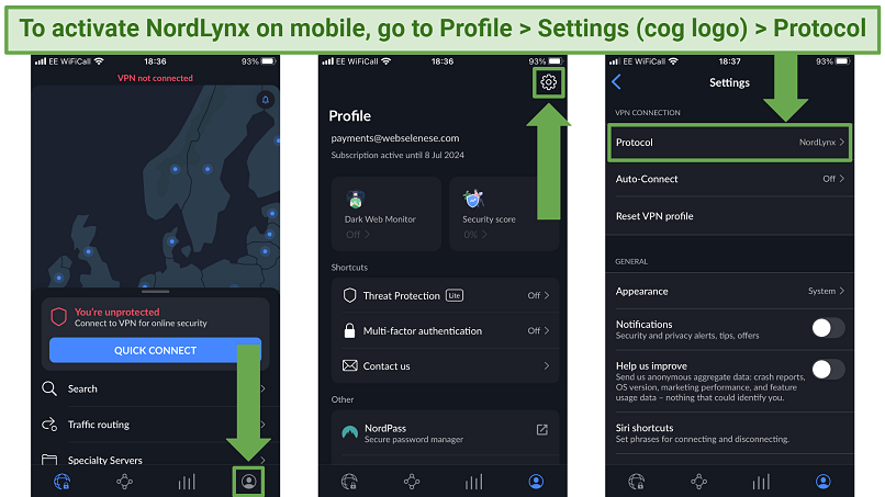 Screenshot showing how to activate the NordLynx protocol on the NordVPN mobile app
