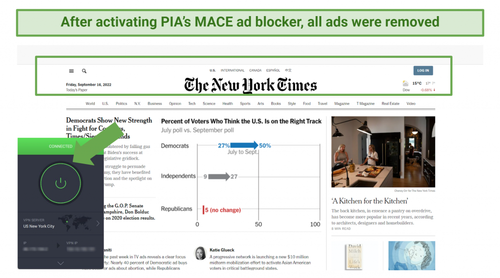 Screenshot of The New York Times free of ads when PIA MACE is enabled
