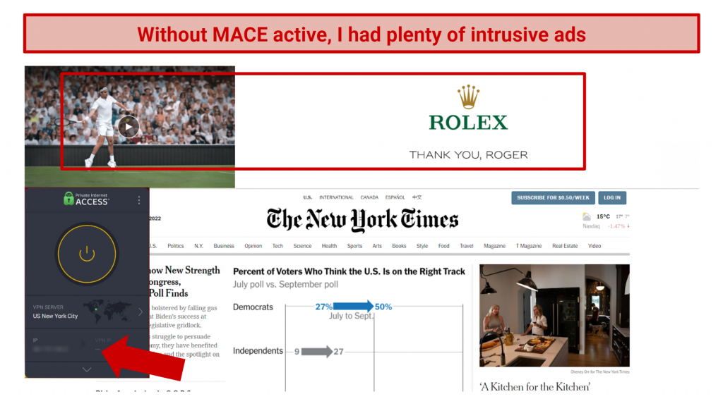 Screenshot of The New York Times banner ad when PIA MACE isn't enabled