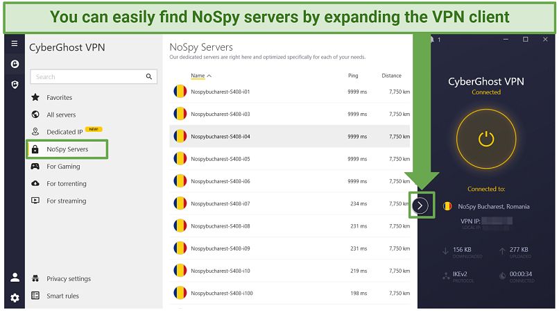 Screenshot showing how to access CyberGhost's NoSpy servers