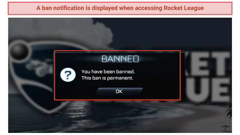 Screenshot of Rocket League ban message saying that the ban is permanent
