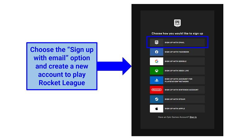 Screenshot of Rocket League's sign up page
