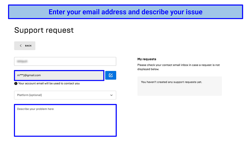 A screenshot of the Epic Games support request form