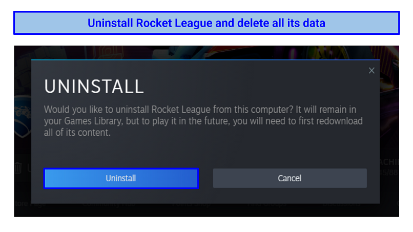 Screenshot of the Rocket League uninstalling message