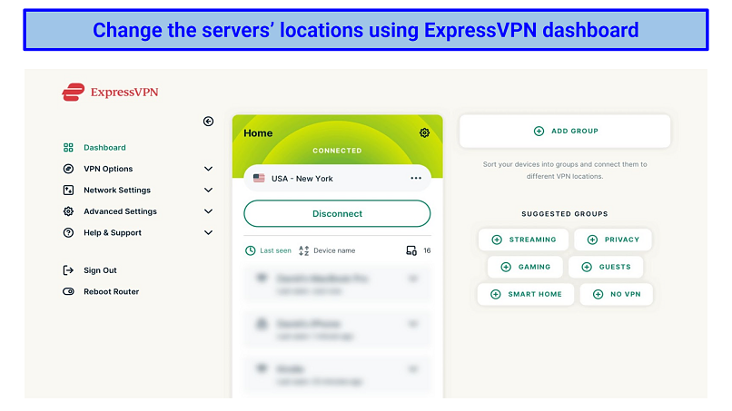 Screenshot of ExpressVPN's dashboard