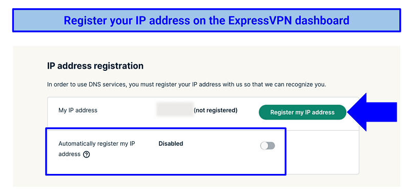 Screenshot of ExpressVPN's IP address registration