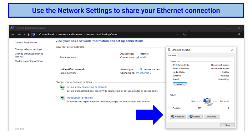 Screenshot of Windows Network settings
