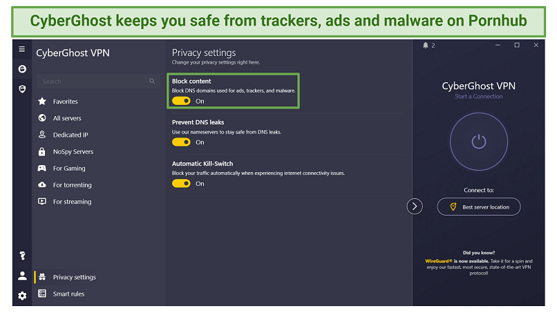Screenshot of CyberGhost's privacy settings UI