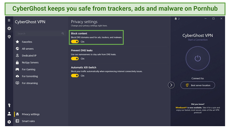 Pornhub “This Video is Unavailable in Your Country” – 2022 Fix 8 Screenshot of CyberGhost's privacy settings UI