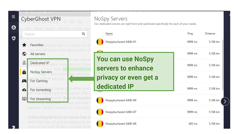 A screenshot of CyberGhost's NoSpy servers and Dedicated IP features