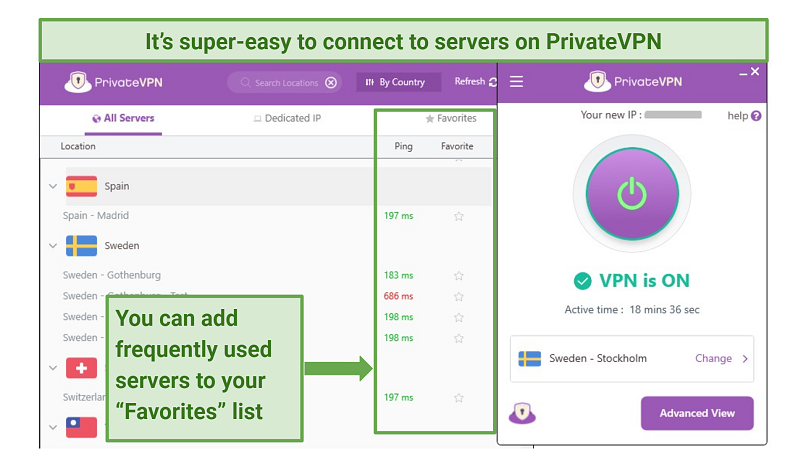 A screenshot of PrivateVPN's simple user interface