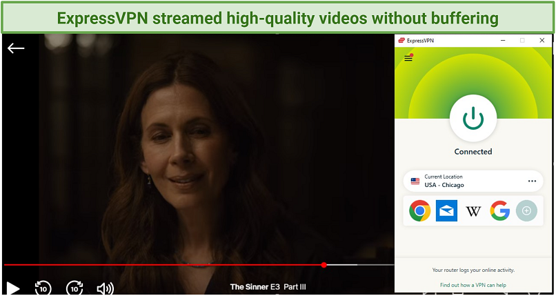 A screenshot of ExpressVPN unblocking The Sinner on Netflix
