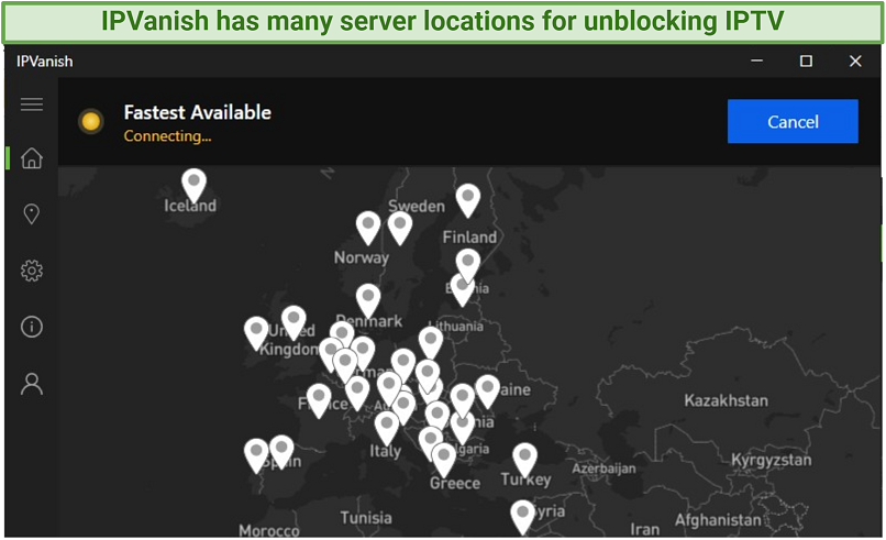 A screenshot of server locations on IPVanish