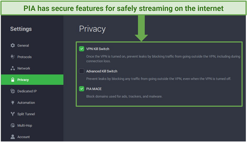 A screenshot of PIA app privacy settings