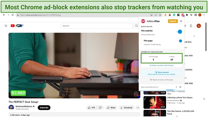 Screenshot of watching YouTube without ads with AdblockPlus