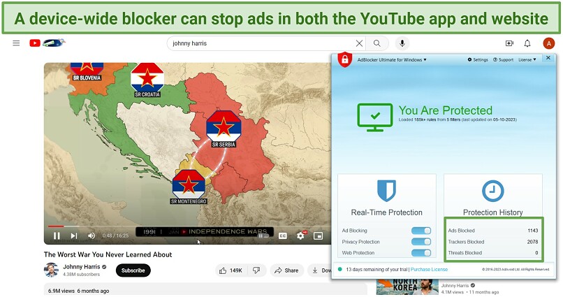 Screenshot of ad-free YouTube streaming with AdBlocker Ultimate