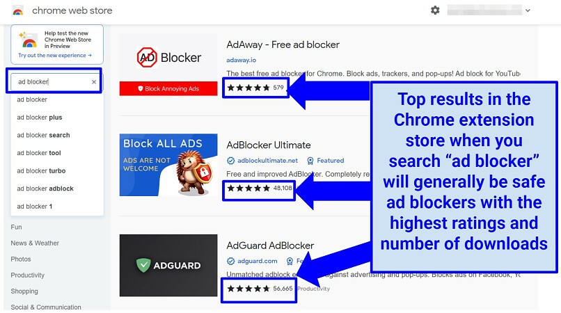 Screenshot showing how to look for a trustworthy ad blocker in Chrome store