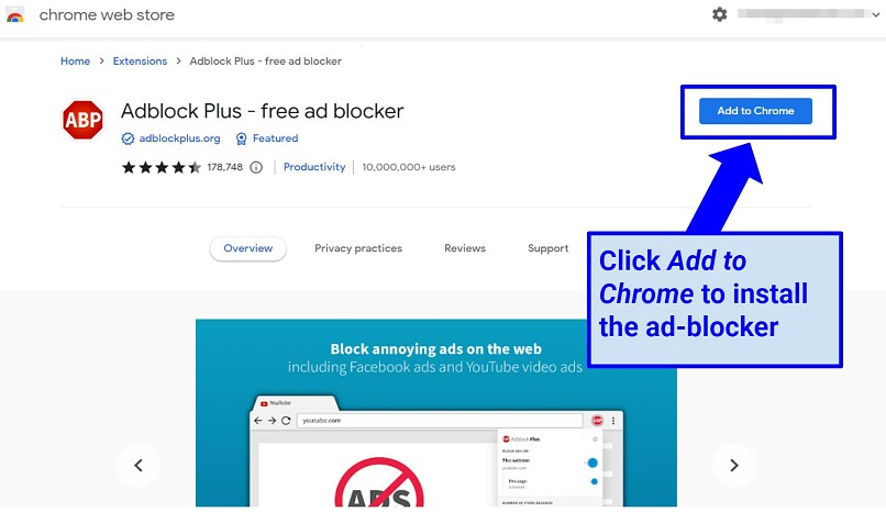 Screenshot showing how to add an ad-blocker (Adblock Plus) to Chrome