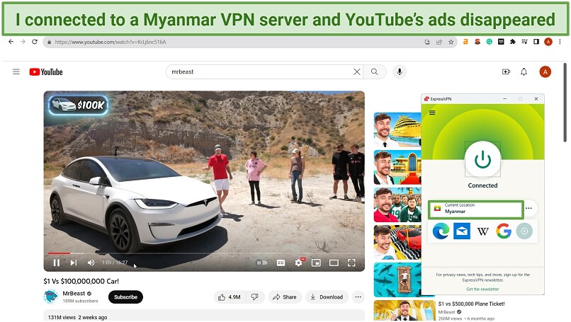 an image displaying how connecting to a VPN server in Myanmar lets you watch YouTube without ads