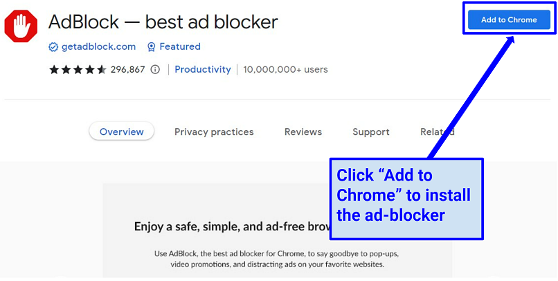 A screenshot of AdBlock installation on the Chrome browser