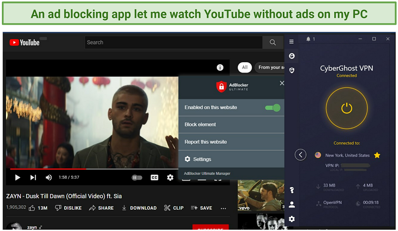 A screenshot of AdBlocker Ultimate and CyberGhost blocking YouTube ads