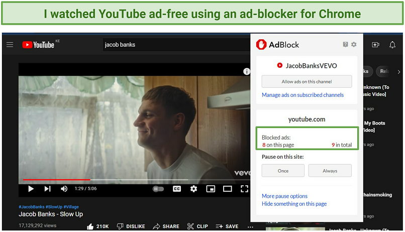 A screenshot of YouTube ads blocked by the AdBlock Chrome extension