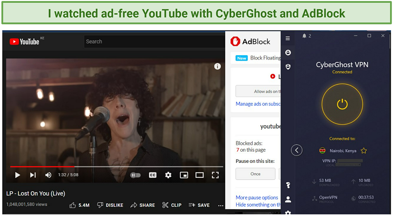 A screenshot of watching YouTube without ads using CyberGhost and AdBlock