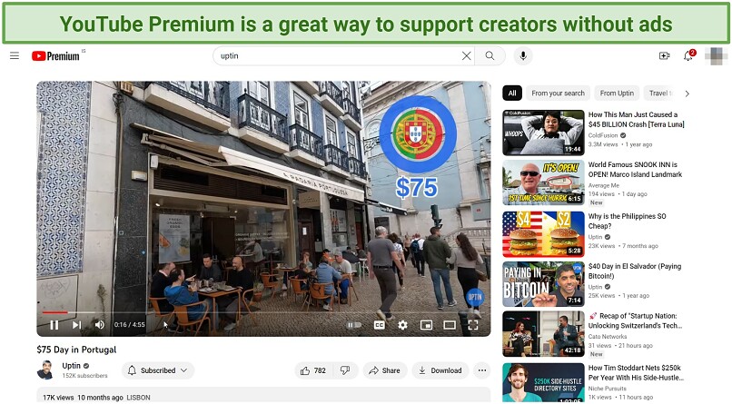 Screenshot of a travel video streaming ad-free on YouTube Premium