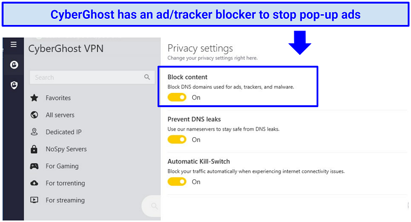 A screenshot of CyberGhost's privacy settings