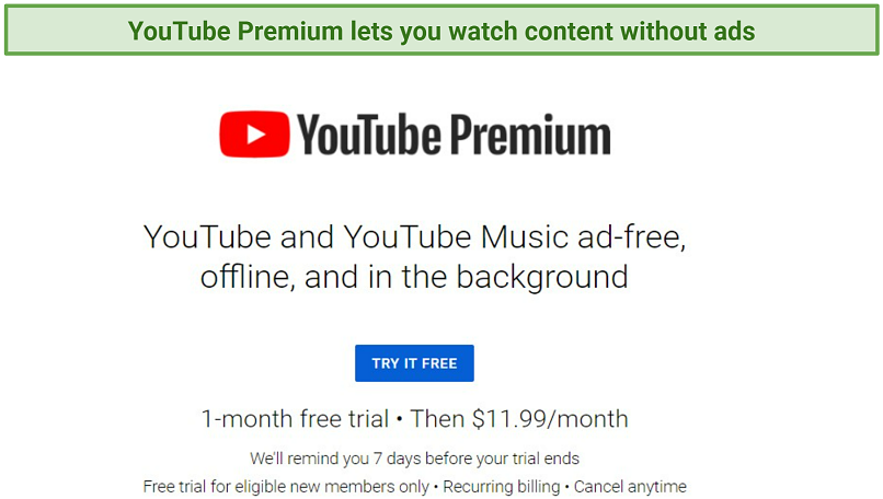 A screenshot of the YouTube Premium home site