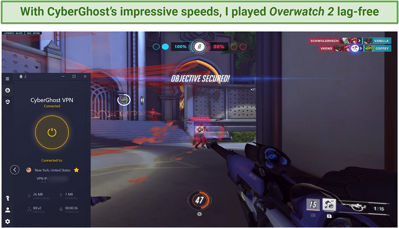 Screenshot of CyberGhost's fast speeds while playing Overwatch 2