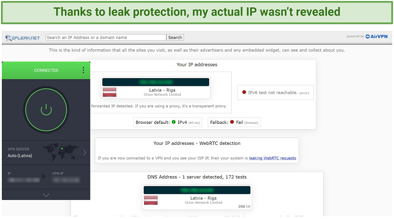 Screenshot of PIA successfully passing IP/DNS leak test.