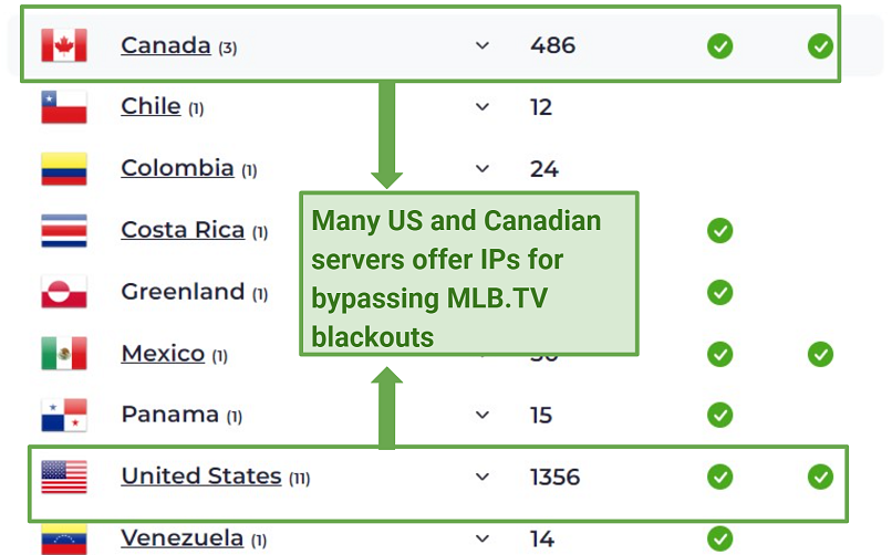 A screenshot of CyberGhost server coverage in the US and Canada