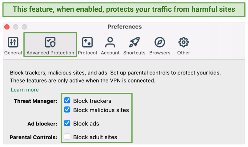 A screenshot of ExpressVPN's Advanced protection feature
