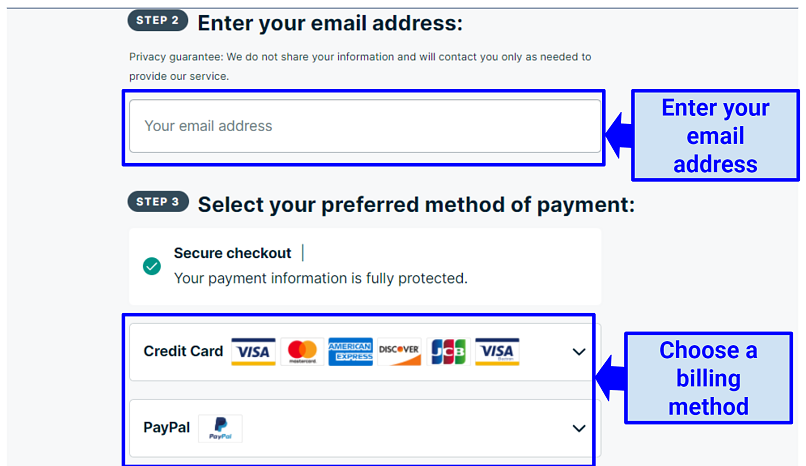 A screenshot of ExpressVPN supported billing methods