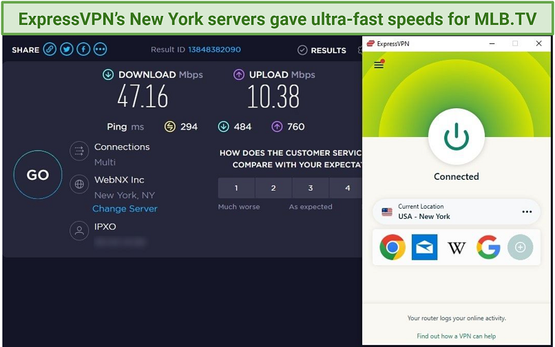 A screenshot of ExpressVPN New York servers speed test results