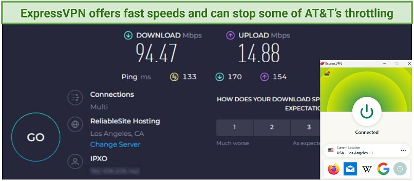 A screenshot of speed test results with ExpressVPN connected to a server in Los Angeles