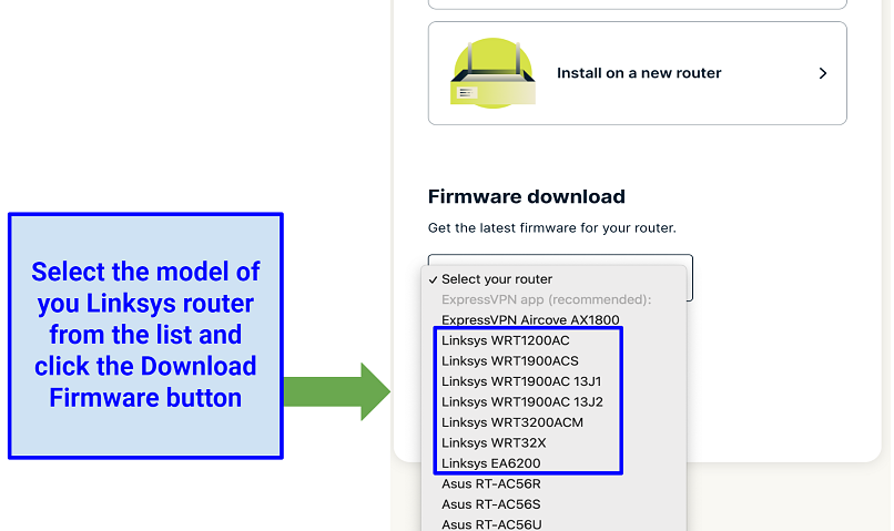 Screenshot of the ExpressVPN Linksys router firmware download