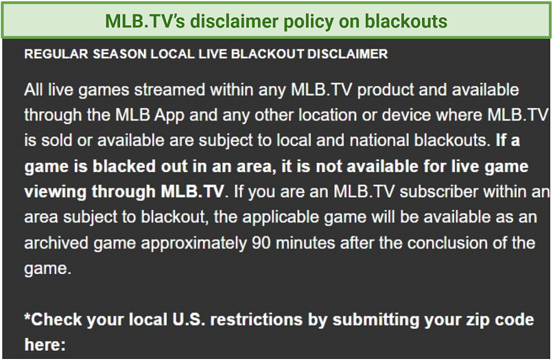 A screenshot of MLB.TV's blackout policy